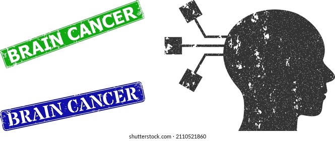 Grunge brain connection icon and rectangle dirty Brain Cancer seal. Vector green Brain Cancer and blue Brain Cancer seals with grunge rubber texture, designed for mind connection illustration.