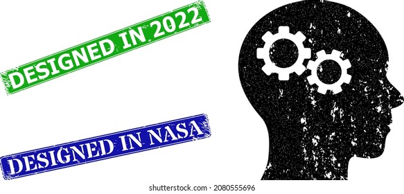 Grunge brain gears icon and rectangle unclean Designed in 2022 seal stamp. Vector green Designed in 2022 and blue Designed in NASA seals with grunge rubber texture,