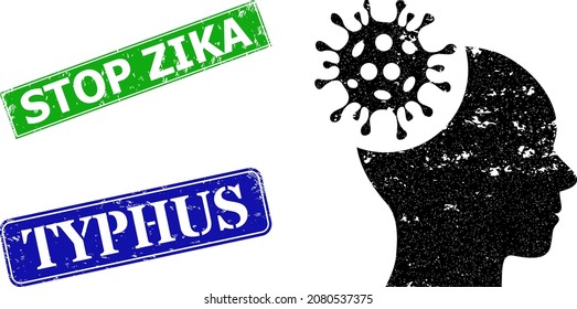 Grunge brain infection icon and rectangle rubber Stop Zika stamp. Vector green Stop Zika and blue Typhus imprints with unclean rubber texture, designed for brain infection illustration.