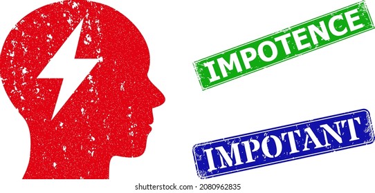 Icono de torsión cerebral y sello de impotencia de goma rectangular. Impotencia verde vectorial y marcas de agua de impotencia azul con textura de caucho grueso, diseñadas para ilustración de lluvia de ideas.