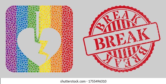 Grunge Break seal and mosaic break valentine heart hole for LGBT. Dotted rounded rectangle mosaic is around break valentine heart stencil. LGBT rainbow colors. Red rounded grunge seal with Break text.