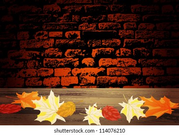 Grunge Brick Background With Autumn Maple Leaves With Text Space.  Elegant Design with Ideal Balanced Colors. Also Suitable For Commerce and Household Use. Vector Illustration. 