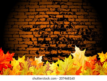 Grunge Brick Background With Autumn Maple Leaves With Text Space.  Elegant Design with Ideal Balanced Colors. Also Suitable For Commerce and Household Use. Vector Illustration. 