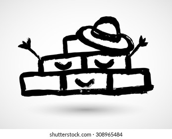 Grunge brick character with hat. Vector hand-drawn concept