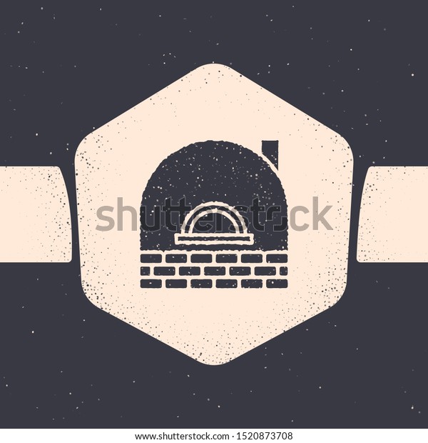 Grunge Brick stove icon isolated on grey\
background. Brick fireplace, masonry stove, stone oven\
icon.Monochrome vintage drawing. Vector\
Illustration