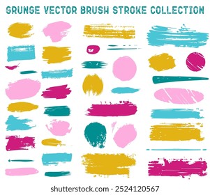 Grunge bright color brush strokes vector set. Ink texture isolated graphic design elements. Paint brush strokes abstract lines. Sumi paintbrush stripes. Isolated border design elements on white.