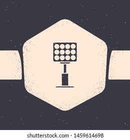 Grunge Bright stadium lights icon isolated on grey background. Spotlight on a football field. Floodlight, light projector. Monochrome vintage drawing. Vector Illustration