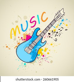 Grunge bright vector background with electric guitar and blots