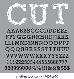 grunge broken alphabet, vector broken glass font, cut out letters, typeset with different solutions for each type