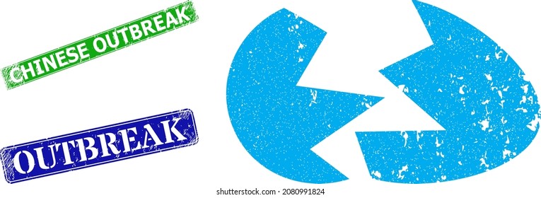 Grunge broken egg shell icon and rectangular rubber Chinese Outbreak stamp. Vector green Chinese Outbreak and blue Outbreak seals with corroded rubber texture,