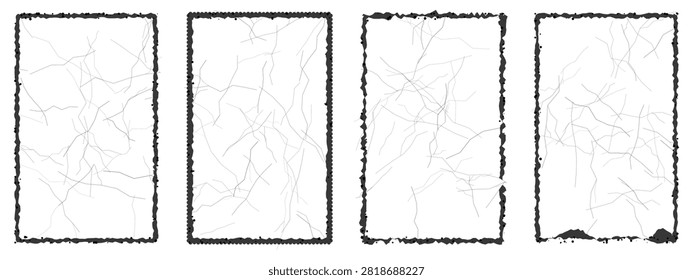 Grunge broken glass frames set with distressed edges and crack texture. Vector illustration of damaged screen border mockup collection, black cracked window photo frame template.