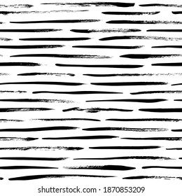 Grunge broken lines vector seamless pattern. Horizontal brush strokes, straight stripes or lines. Black ink striped hand drawn background. Geometric ornament for wrapping paper. Dry brushstrokes