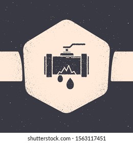 Grunge Broken metal pipe with leaking water icon isolated on grey background. Monochrome vintage drawing. Vector Illustration