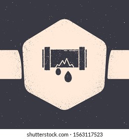 Grunge Broken metal pipe with leaking water icon isolated on grey background. Monochrome vintage drawing. Vector Illustration