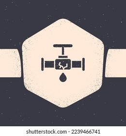 Grunge Broken metal pipe with leaking water icon isolated on grey background. Monochrome vintage drawing. Vector Illustration