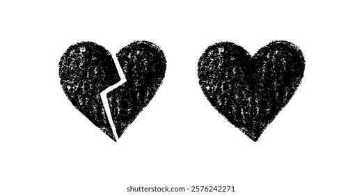 Grunge broken and whole heart illustration in black and white

