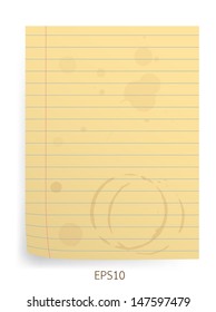 Grunge brown lined paper with stain of coffee. Vector illustration. 