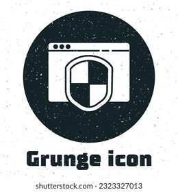 Grunge Browser con icono de escudo aislado en fondo blanco. Seguridad, seguridad, protección, concepto de privacidad. Dibujo vintage monocromo. Ilustración vectorial