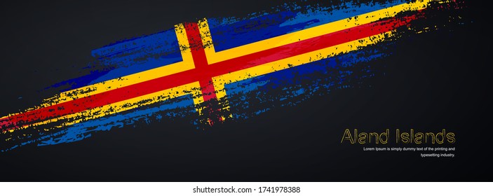 Grunge brush of Aland Islands flag on shiny black background. Creative glitter sparkle brush paint vector illustration