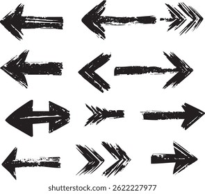 Grunge Brush Arrows Set, Rough Hand-Drawn Direction Vector Icons