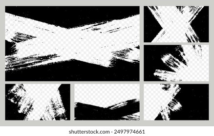 Grunge brush banners. Video channel banner with overlay textured border. Cover design template with hole for video multimedia player. Abstract mess poster for social media. Vector concept.