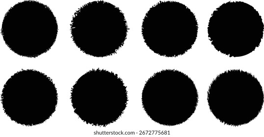 Círculo de pincel grunge. Pinte coleção de carimbos de pincel. círculos de carimbos de tinta grunge pretos. Forma redonda grunge. símbolos do sol preto
