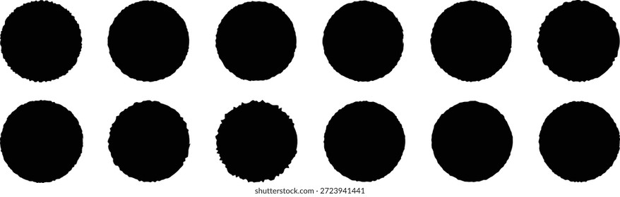 Círculo de pincel Grunge. Colección de sello de pincel. Formas negras grunge o redondas. círculos de sello de tinta negra grunge. símbolos de sol negros. Ilustración vectorial