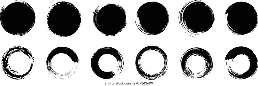 "Handgemaltes Grunge-Pinsel-Kreis-Stempelset mit abstrakten Tintenrunden-Formen, chaotischen künstlerischen Ringen, strukturierten Strichschleifen, kreativen Spritzrahmen und grafischen Vektorelementen für Design, Branding,
