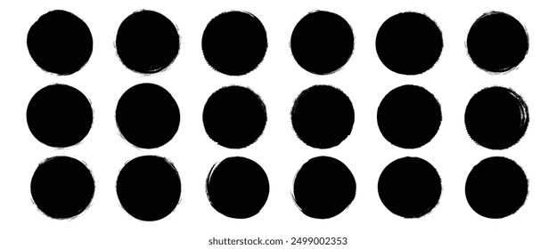 Grunge brush circles of paint shape. Black stroke round ink texture, stamp, border paintbrush design template. Watercolor paintbrush dirty splashes