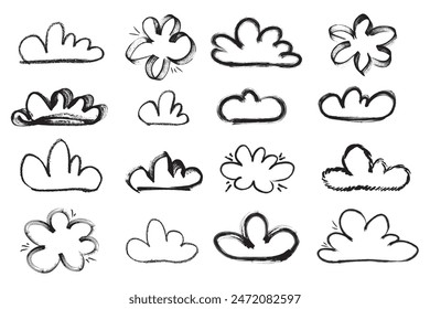 Grunge brush clouds. Scribble set of ink grunge clouds shapes icons drawn with markers and crayons 