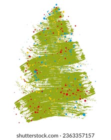 Grunge brush drawing of Christmas tree. Beautiful doodle spruce with color paint blots. Vector illustration.