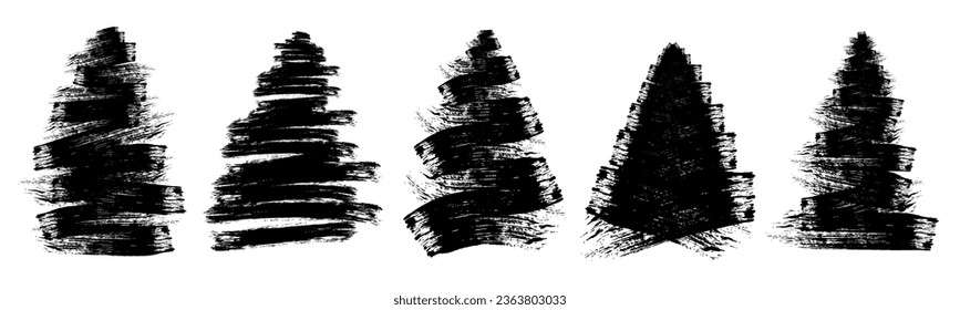 Grunge brush drawing of Christmas tree. Beautiful doodle spruce, ink paint. Vector illustration.