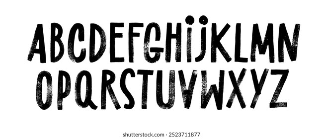 Grunge brush drawn capital letters. Punk style alphabet with bold letters. Dirty textured vector font. Handwritten latin capital font. Vector stamp typography. Marker drawn alphabet with rough texture