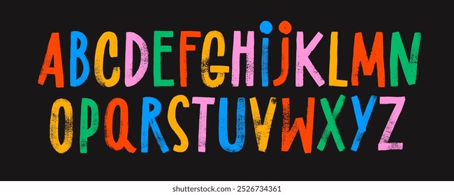 Grunge brush drawn colorful capital letters. Childish style alphabet with thick letters. Dirty rough vector font. Hand drawn latin capital font. Vector stamp typography. Alphabet with marker strokes.