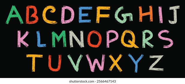 Grunge brush drawn colorful capital letters. Childish style grunge alphabet. Bold brush drawn vector typography. Black ink dirty texture capital letters.	