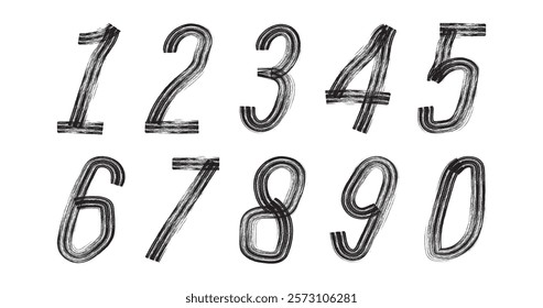 Grunge brush drawn numbers from 0 to 9 percent, hash sign. Set of dirty painted numbers. Collection of hand drawn typography elements.