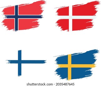 grunge brush flag concept Norway, Sweden,  Finland,  Denmark. White background 