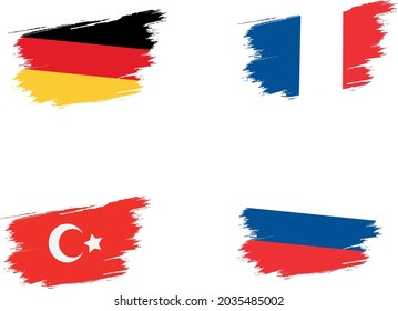 grunge brush flag concept Turkey, Germany, Russia, France. White background 