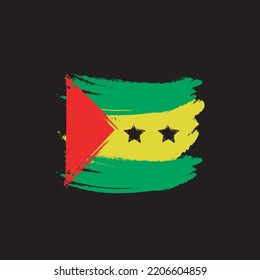 Grunge brush of São Tomé and Príncipe flag on shiny black background. Creative glitter sparkle brush paint vector illustration ESP 08