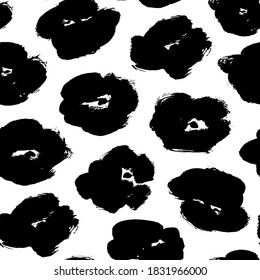 Grunge brush flower vector seamless pattern. Hand drawn botanical flower silhouette. Chamomile or daisy painted by brush in sketch style. Hand drawn black print for fabric, wrapping paper, wallpaper