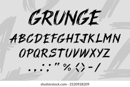 Grunge brush font. Alphabet with brush stroke effect, rock graffiti typeface. Hand drawn street art uppercase letters and punctuation marks vector set.