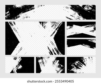 Grunge brush frame. Overlay brush texture banner for video social media. Video channel banner with textured border. Transparent photo collage template. Vector background.
