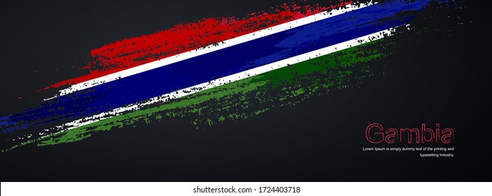 Grunge brush of Gambia flag on shiny black background. Artistic glitter sparkle brush paint vector illustration