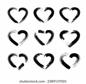 Grunge brush HEART shape set vector.  Paint brush stroke of hearts. 