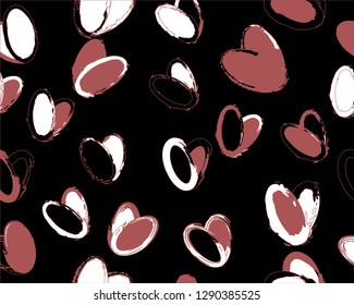 Grunge Brush Hearts Seamless Pattern. Flying Hand Painted Hearts Vector Illustration. Fabric, Textile, Cover or Post Card Template.