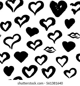 Grunge Brush Hearts Seamless Pattern. Vector Illustration of Hand Drawn Tileable Background.