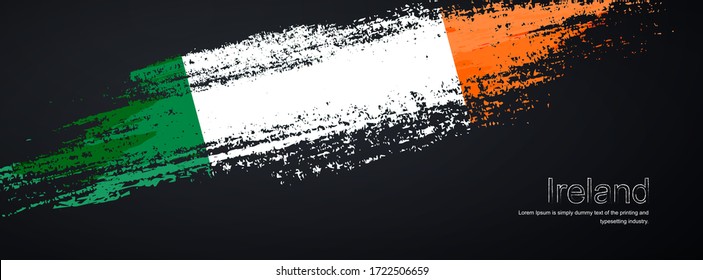 Grunge brush of Ireland flag on shiny black background. Abstract glitter sparkle brush paint vector illustration