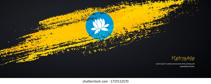 Grunge brush of Kalmykia flag on shiny black background. Creative glitter sparkle brush paint vector illustration