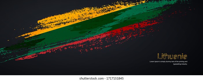Pincel grueso de la bandera de Lituania sobre fondo negro brillante. Ilustración vectorial de pincel brillante creativo