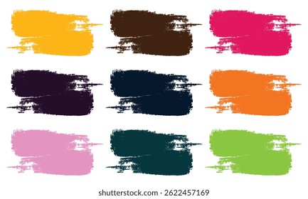 Grunge brush marks or shapes in vibrant colors, hand-drawn vector elements for creative design projects, posters, and digital art.